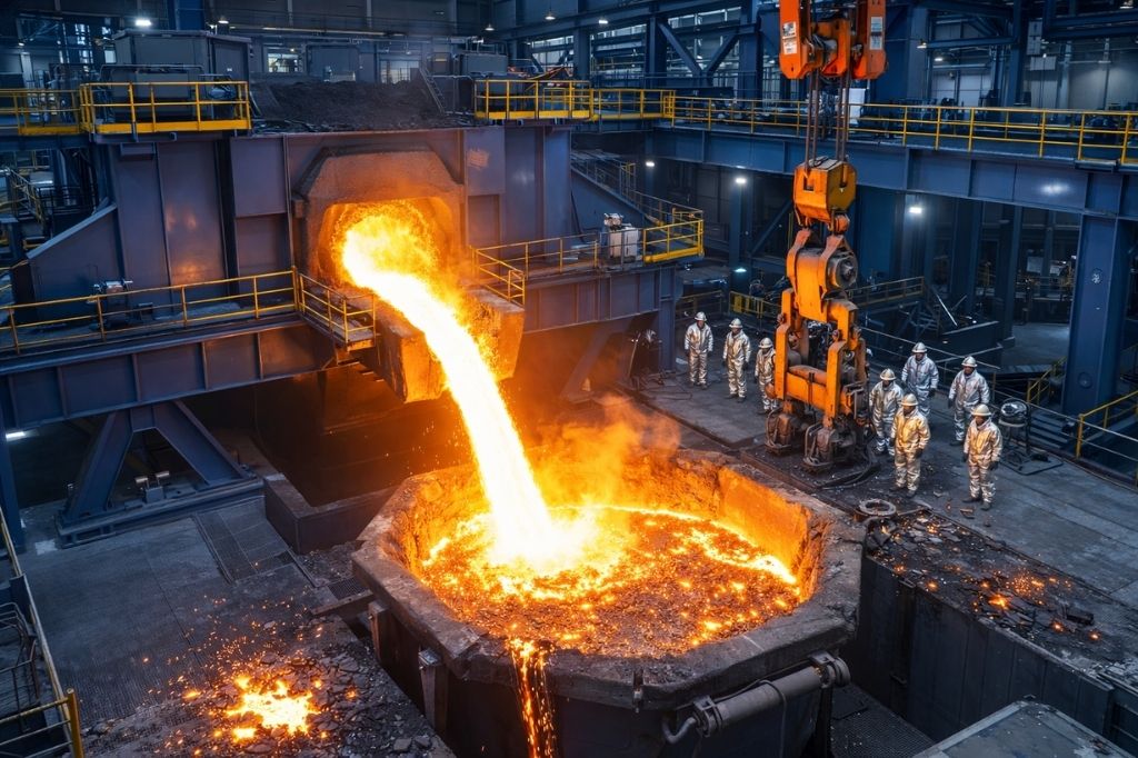 Molten metal pours in steel factory
